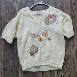 Vintage Beldoch Popper Womens Pullover Sweater L Cream Embroidered Short Sleeve